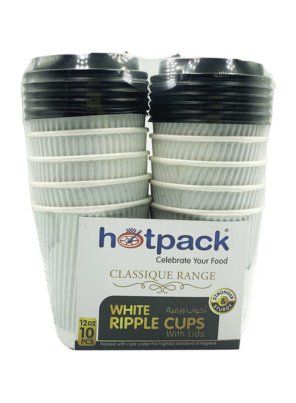 Hotpack 12oz 10-Piece Set Ripple Paper Cup with Lids, White/Black