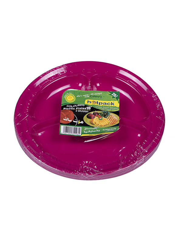 Hotpack 10-inch 25-Piece Plastic Round Plate Set, 3 Compartment, CPP10/3C, Multicolor