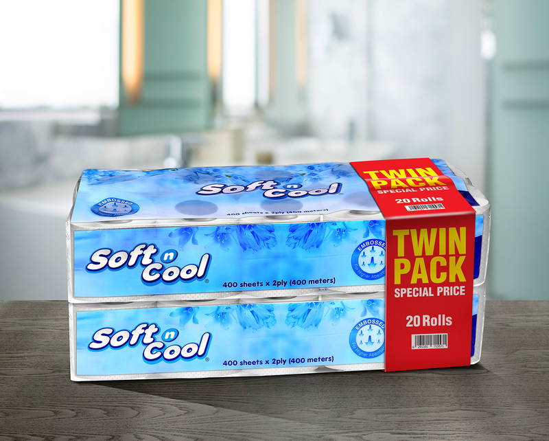 Soft N Cool Toilet Roll Twin Pack, 5 Packs, 20 Rolls x 400 Sheets x 2Ply (400 Meters)