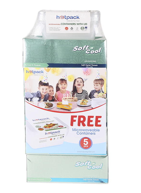 Soft N Cool Soft Facial Tissue, 5 Boxes x 150 Sheets x 2 Ply, with 5 Pieces 750ml Microwave Container