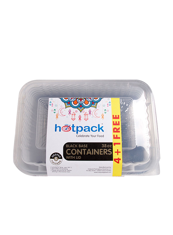 Hotpack 5-Piece 38oz Black Base Microwave Rectangle Container, OPBB83884B1F, Clear