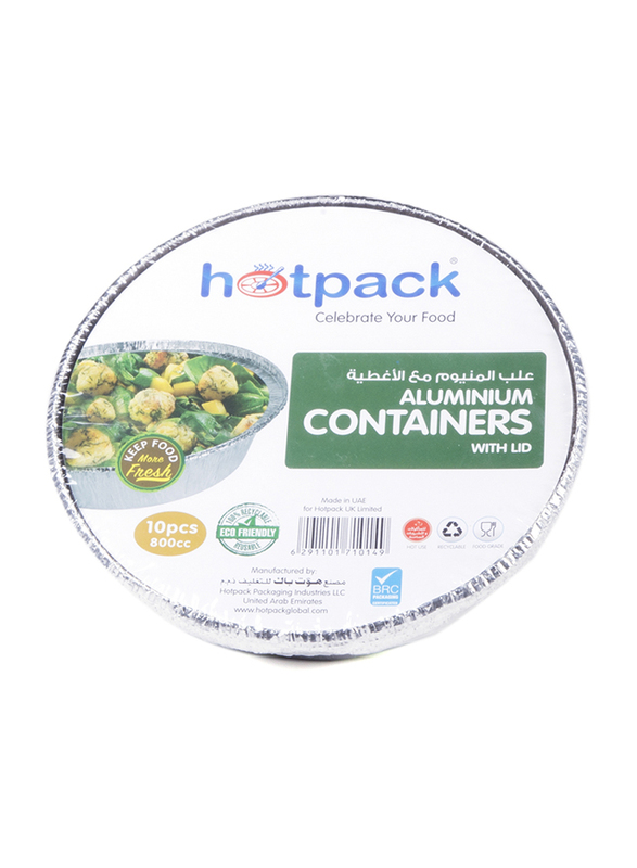 Hotpack 10-Piece Aluminium Round Food Storage Container Set, 800cc, Silver