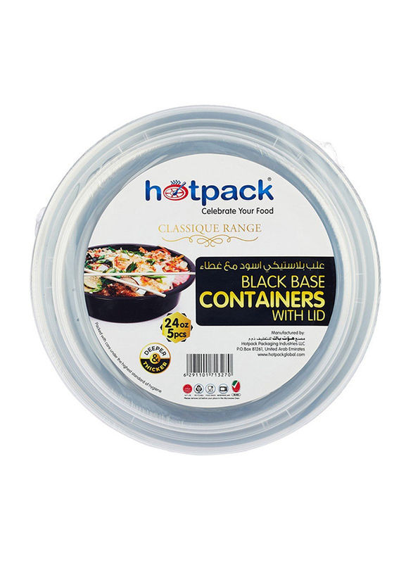 Hotpack 5-Piece Plastic Base Round Container Set with Lids, 24oz, Black