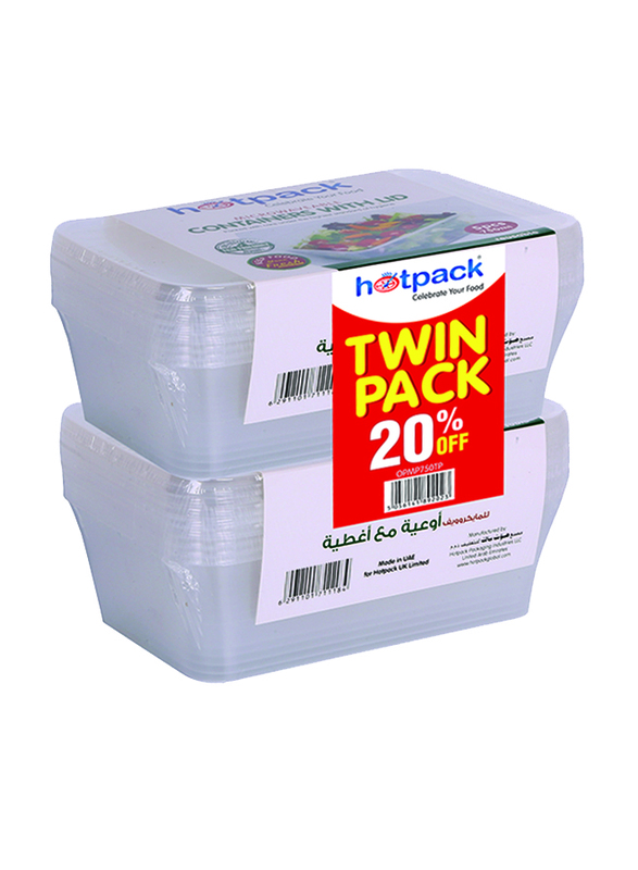 Hotpack 10-Piece Microwave Rectangle Container 750cc Twin Pack, with Lid, OPMP750TP, Clear