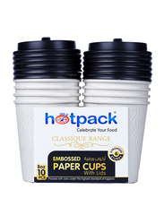 Hotpack 8oz 10-Piece Set Embossed Paper Cups with Lids, White/Black