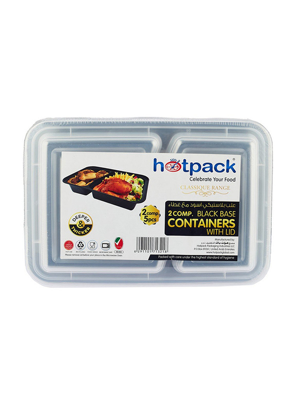 Hotpack 5-Piece Plastic 2 Compartment Base Container with Lids, Black/Clear