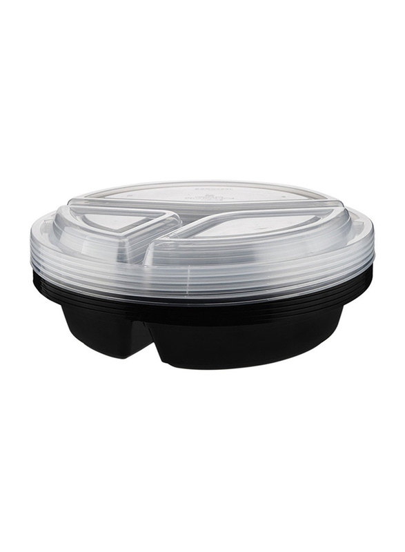 Hotpack 5-Piece Plastic 3 Compartment Round Base Container with Lids, 48oz, Black