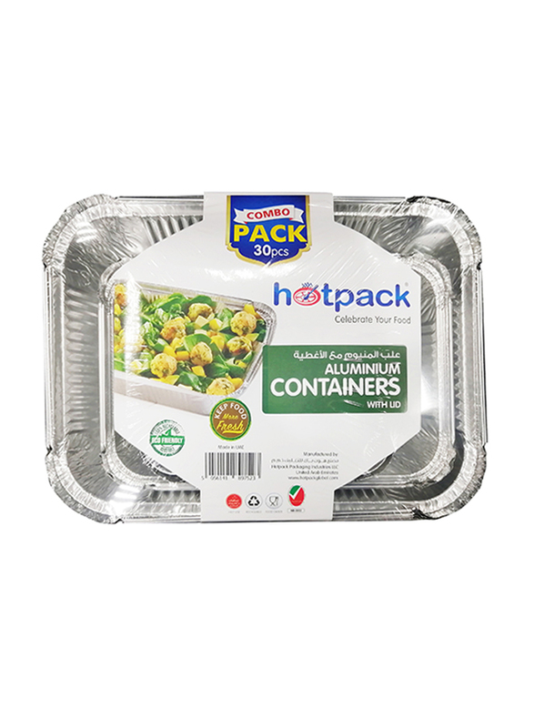 Hotpack 30-Piece Aluminum Rectangle Food Storage Container 1850cc/890cc/420cc Combo Pack, CP8318583898389, Silver