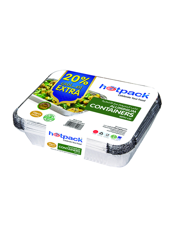 Hotpack 10-Piece 20% Extra Aluminum Rectangle Food Storage Container 3650cc, with Lid, OPPA73365, Silver