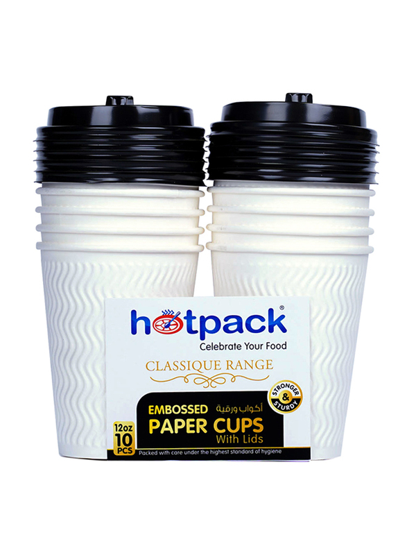 Hotpack 12oz 10-Piece Set Embossed Paper Cups with Lids, White/Black