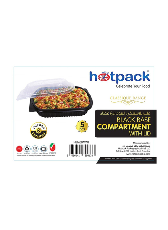 Hotpack 5-Piece Plastic Compartment Base Container with Lids, Black