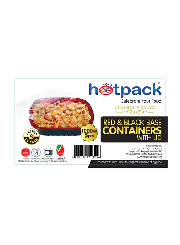 Hotpack 5-Piece Plastic Base Container with Lids, 1000ml, Red/Black