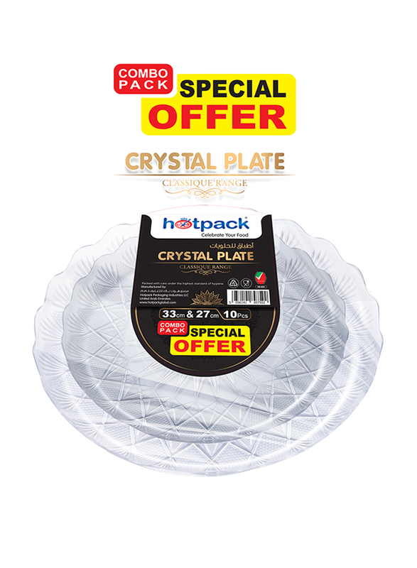 Hotpack 10-Piece Crystal Round Serving Plates Combo Pack, CPHSMCP33CP27, Clear