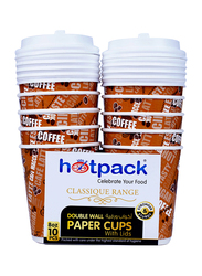 Hotpack 8oz 10-Piece Set Double Wall Paper Cup with Lids, White/Brown