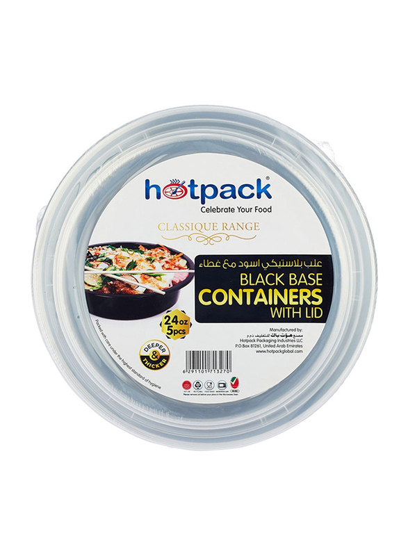 Hotpack 5-Piece Plastic Base Round Container Set with Lids, 32oz, Black