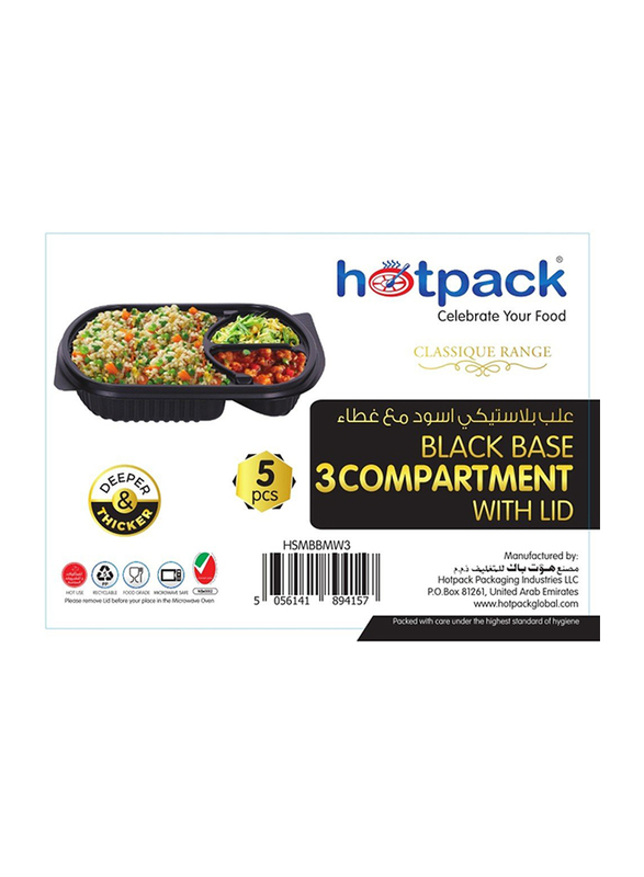 Hotpack 5-Piece Plastic 3 Compartment Base Container with Lids, Black
