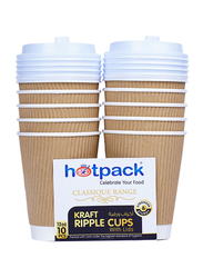 Hotpack 12oz 10-Piece Set Kraft Ripple Paper Cup with Lids, White/Brown