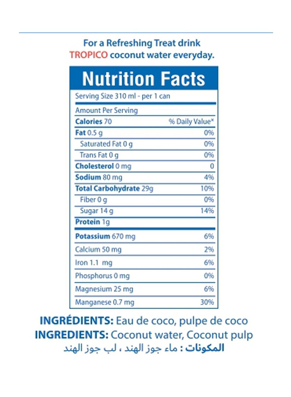 Tropico 100% Pure Coconut Water with Pulp, 24 Cans x 310ml