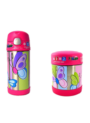 Thermos Funtainer Stainless Steel Food Jar 290ml + Funtainer Bottle Steel Hydration Bottle 355ml Combo Set, Butterfly, Pink