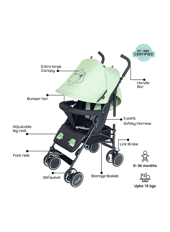 Moon Safari Character Dino Design Extra Large Canopy Single Baby Stroller, 3 Months +, Green/Black