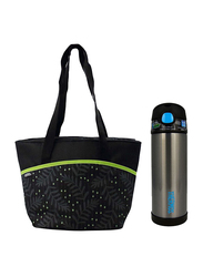Thermos Raya-9 Can Lunch Tote Bag + Funtainer Stainless Steel Hydration Bottle 470ml Combo Set, Green Dot/Silver