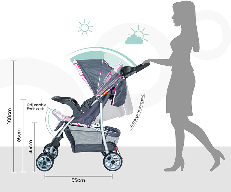 Moon Trek Fashion Stripe One Hand Fold Multi Position Recline Single Baby Stroller, Pink