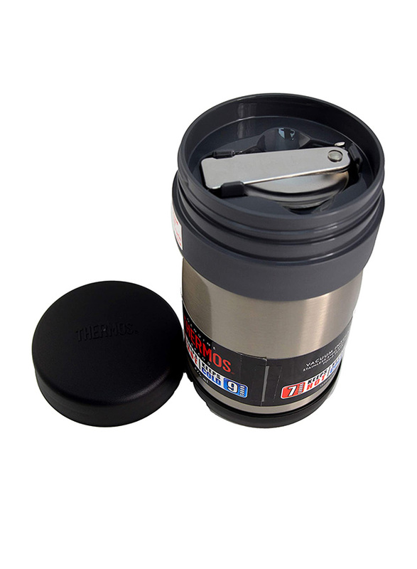 Thermos Wide Neck Stainless Steel Food Jar with Folding Spoon, 470ml, Silver/Black