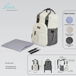 Moon Luca Waterproof Backpack Diaper Bag with Multiple Pockets & Changing Pad, Grey
