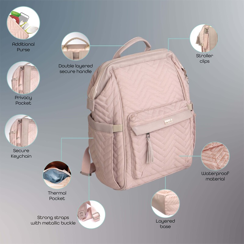 Moon Elisa Waterproof Backpack Diaper Bag with Multiple Pockets & Changing Pad, Pink