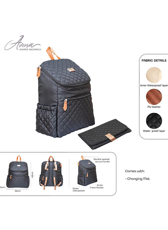Moon Avena Waterproof Backpack Diaper Bag with Multiple Pockets & Changing Pad, Black