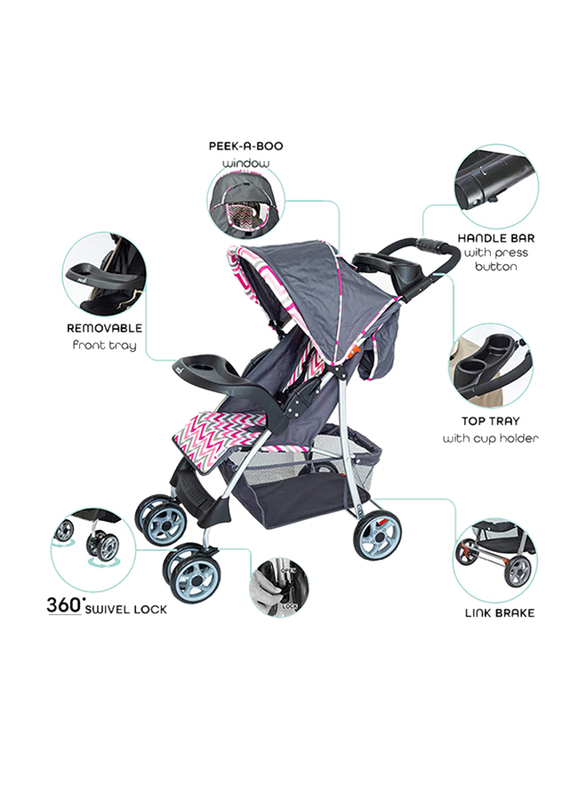 Moon Trek Fashion Stripe One Hand Fold Multi Position Recline Single Baby Stroller, Pink
