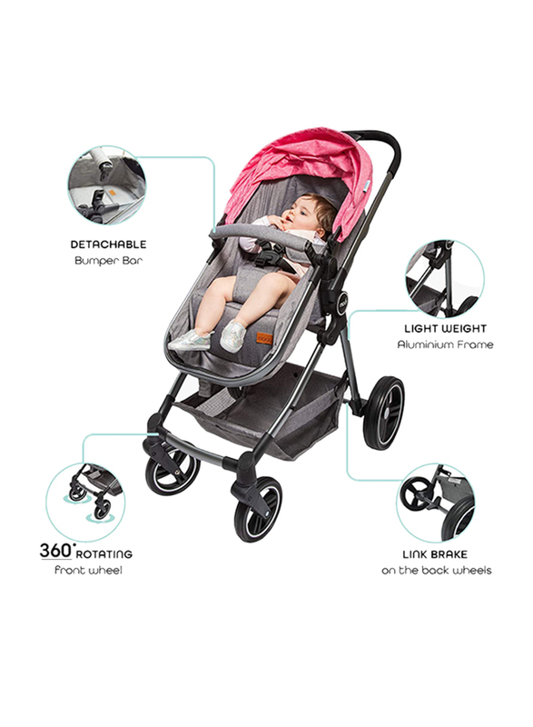 Moon 2-in-1 Pro Aluminum Frame Single Baby Stroller, Grey Melange/Pink