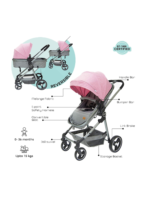 Moon 2-in-1 Pro Aluminum Frame Single Baby Stroller, Grey Melange/Pink