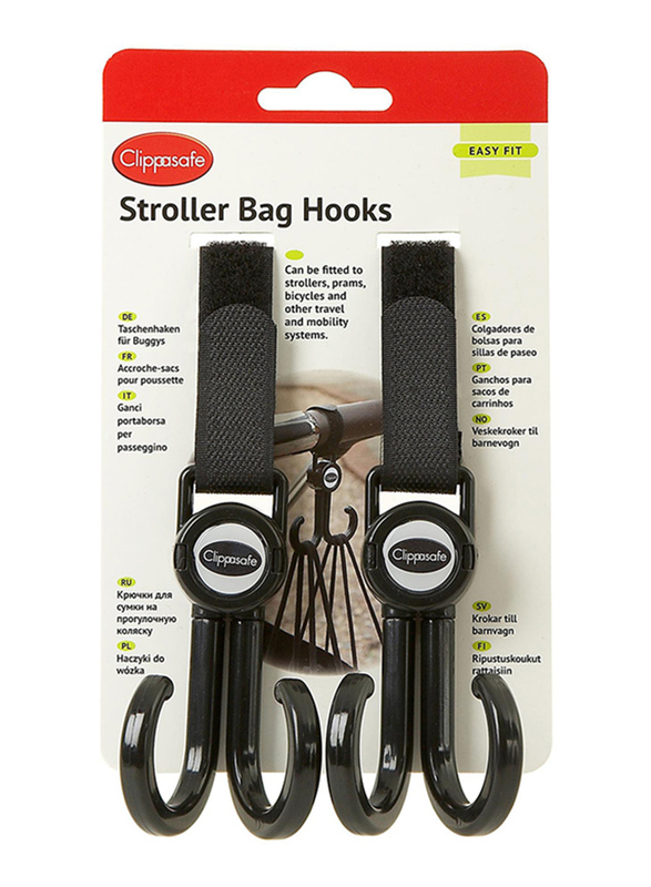 Clippasafe Stroller Bag Hooks, 2 Pieces, Black