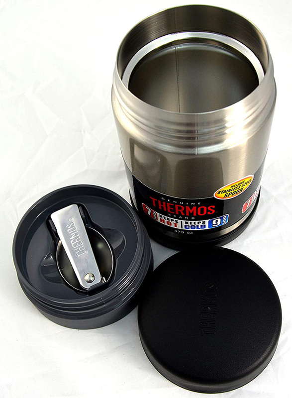 Thermos Wide Neck Stainless Steel Food Jar with Folding Spoon, 470ml, Silver/Black