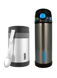 Thermos Food Jar Wide Neck with Folding Spoon 470ml + Funtainer Stainless Steel Hydration Bottle 470ml Combo Set, Silver, Black