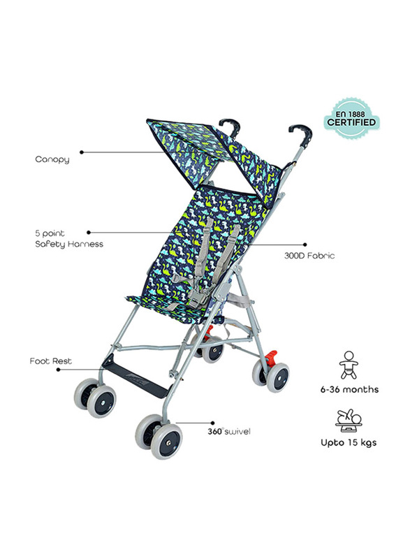 Moon Jet Dinosaur Printed Buggy Single Baby Stroller, 6 Months +, Multicolor