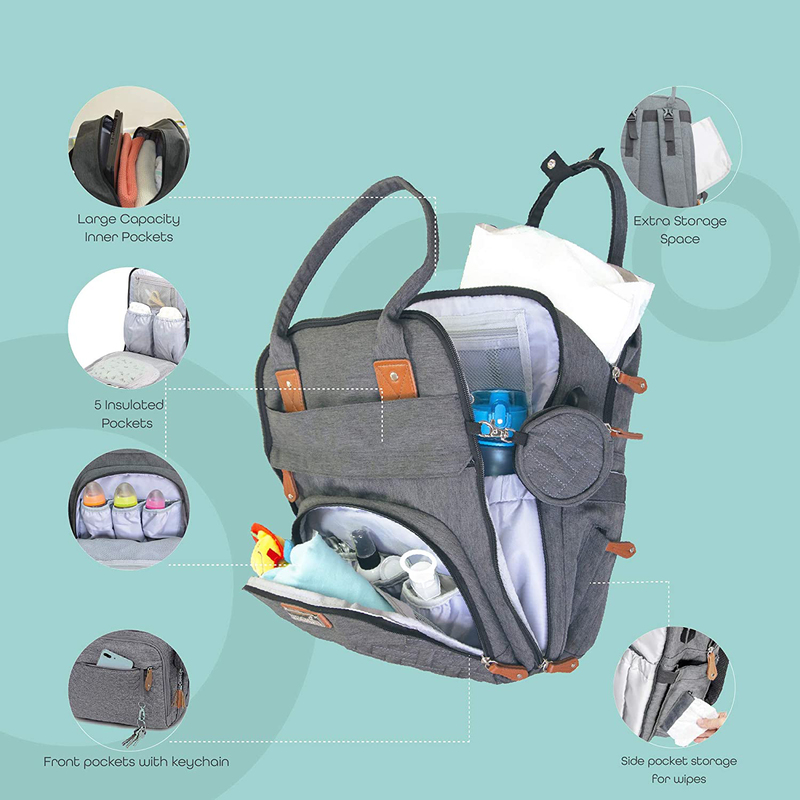 Moon Kary Me Multifunction Travel Backpack Diaper Bag with Changing Pad, Stroller Straps and Pacifier Case, Dark Grey