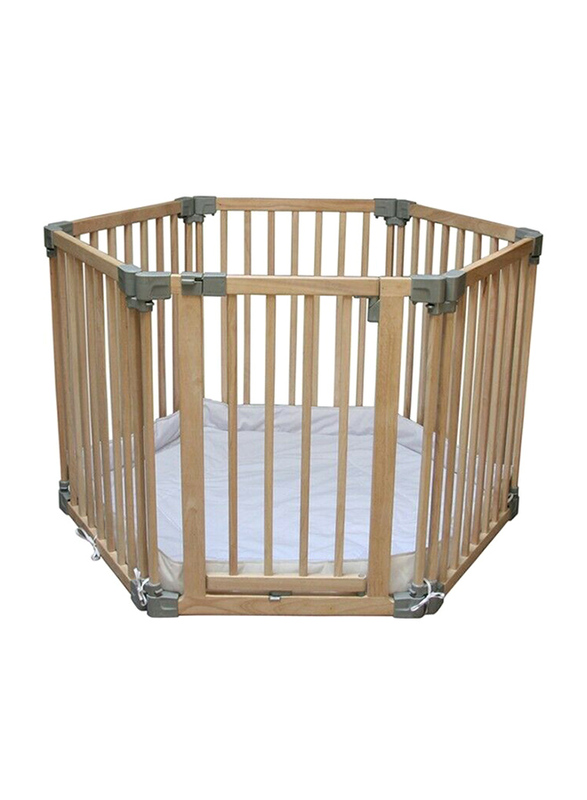 Clippasafe Natural Wood Play Pen with 6 Adjustable Panels and Mat, Brown