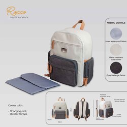 Moon Rocco Waterproof Backpack Diaper Bag with Multiple Pockets & Changing Pad, Grey Melange