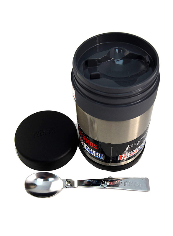 Thermos Wide Neck Stainless Steel Food Jar with Folding Spoon, 470ml, Silver/Black