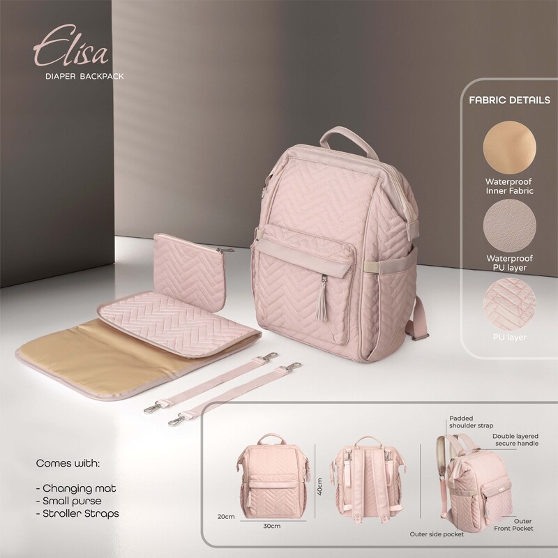 Moon Elisa Waterproof Backpack Diaper Bag with Multiple Pockets & Changing Pad, Pink