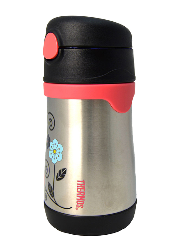 Thermos Foogo Stainless Steel Straw Bottle, Flowers, 290ml, Silver/Pink/Black