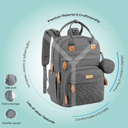 Moon Kary Me Multifunction Travel Backpack Diaper Bag with Changing Pad, Stroller Straps and Pacifier Case, Dark Grey