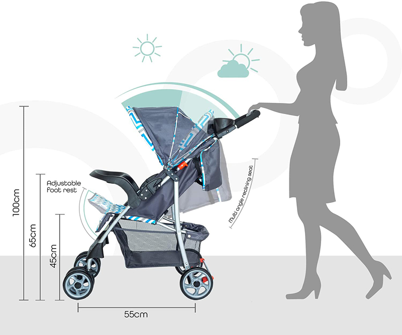Moon Trek Fashion Stripe One Hand Fold Multi Position Recline Single Baby Stroller, Blue