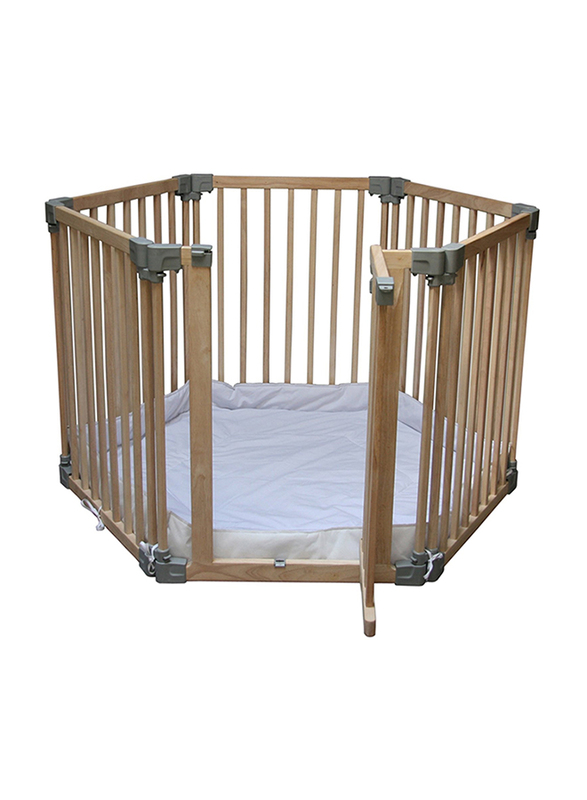 Clippasafe Natural Wood Play Pen with 6 Adjustable Panels and Mat, Brown
