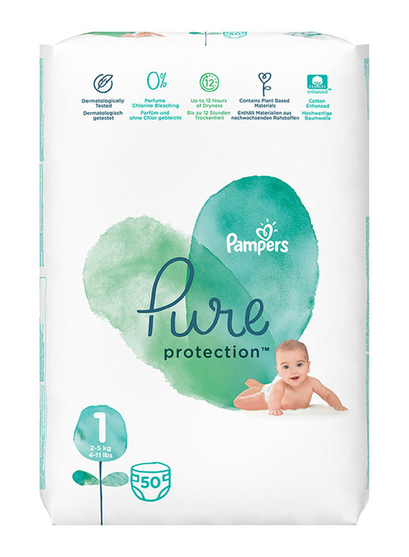Pampers Pure Protection Diapers, Size 1, 2-5 kg, Double Mega Pack, 100 Count