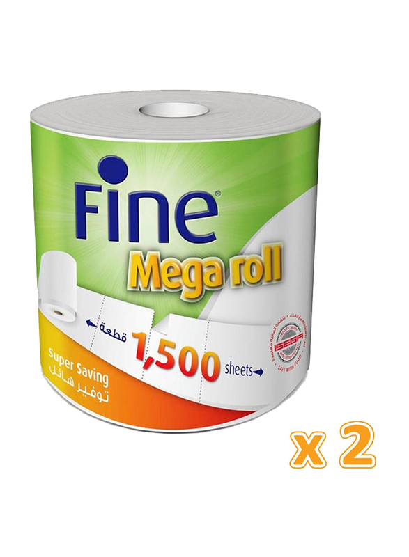 Fine Mega Roll Kitchen Towels, 2 Rolls x 1500 Sheets x 1Ply