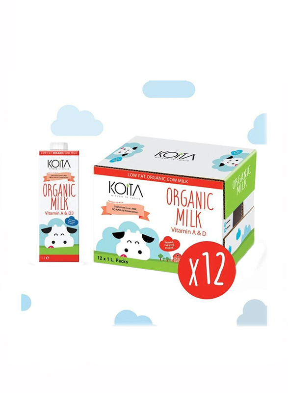 Koita Low Fat Organic Cow Milk, 12 x 1 Liter