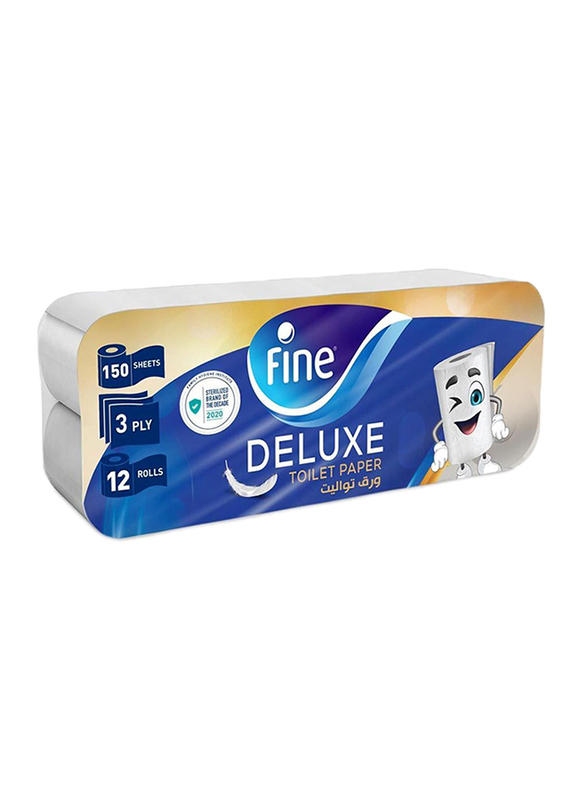 Fine Extra Strong Toilet Tissue Rolls, 12 Rolls x 150 Sheets x 3Ply
